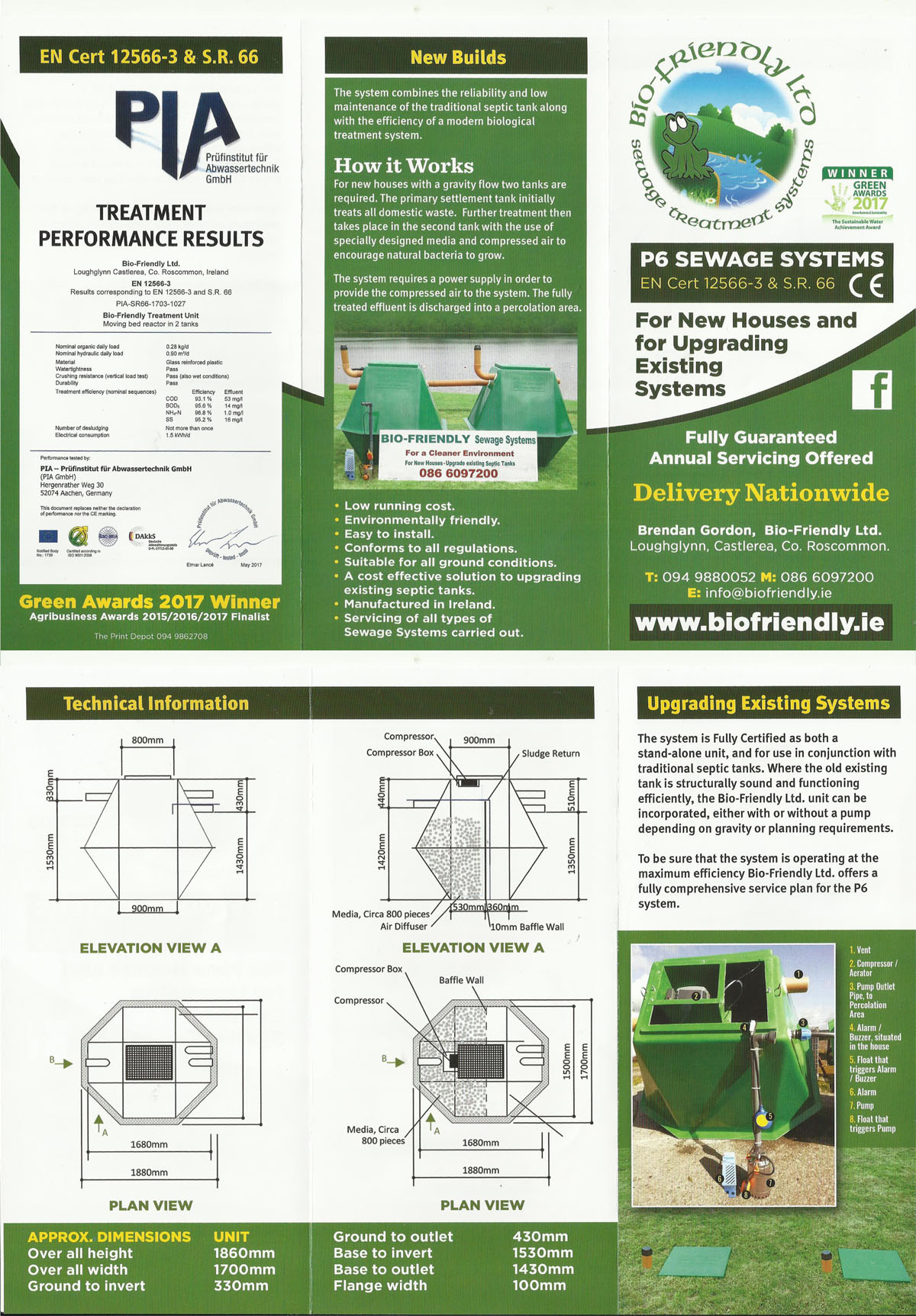 Bio-Friendly septic tank and waste water treatment system brochure for manufacture and installation of sewage systems.
